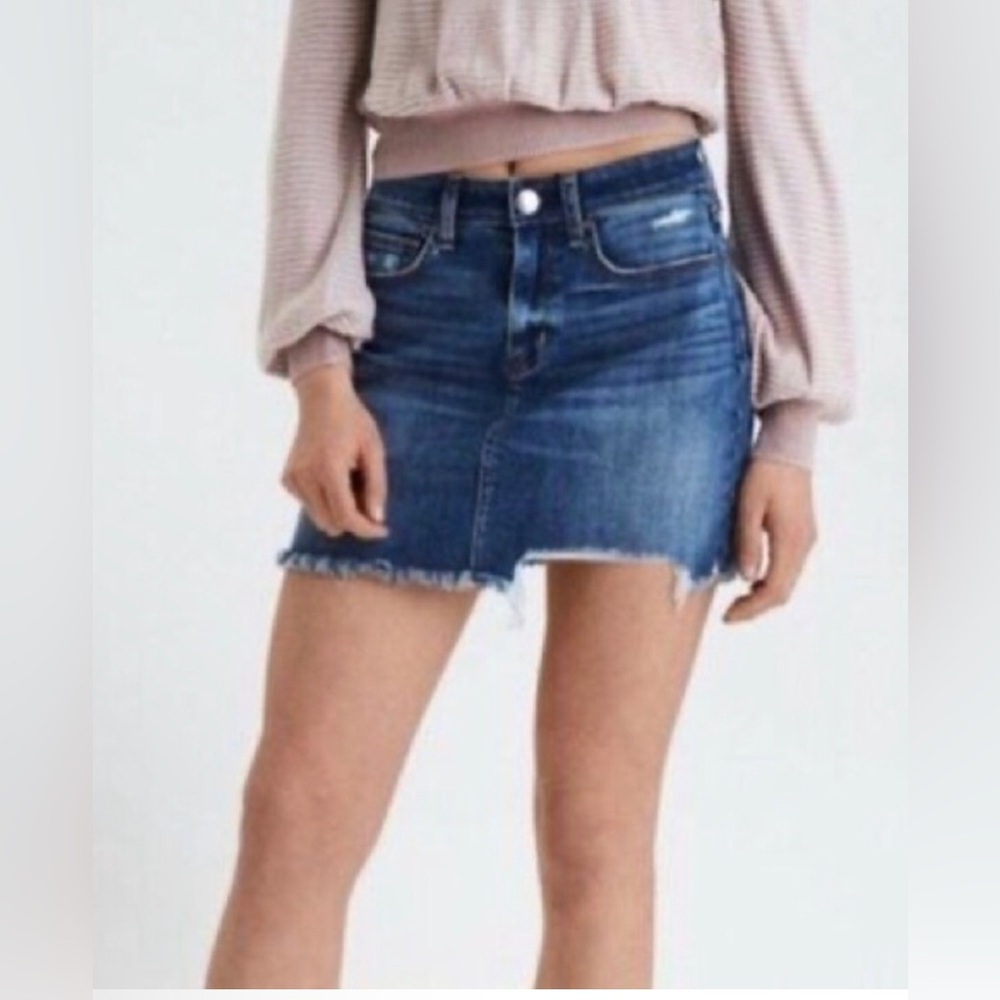 American Eagle high rise  Blue Denim Mini Skirt - Women's Frayed Hem